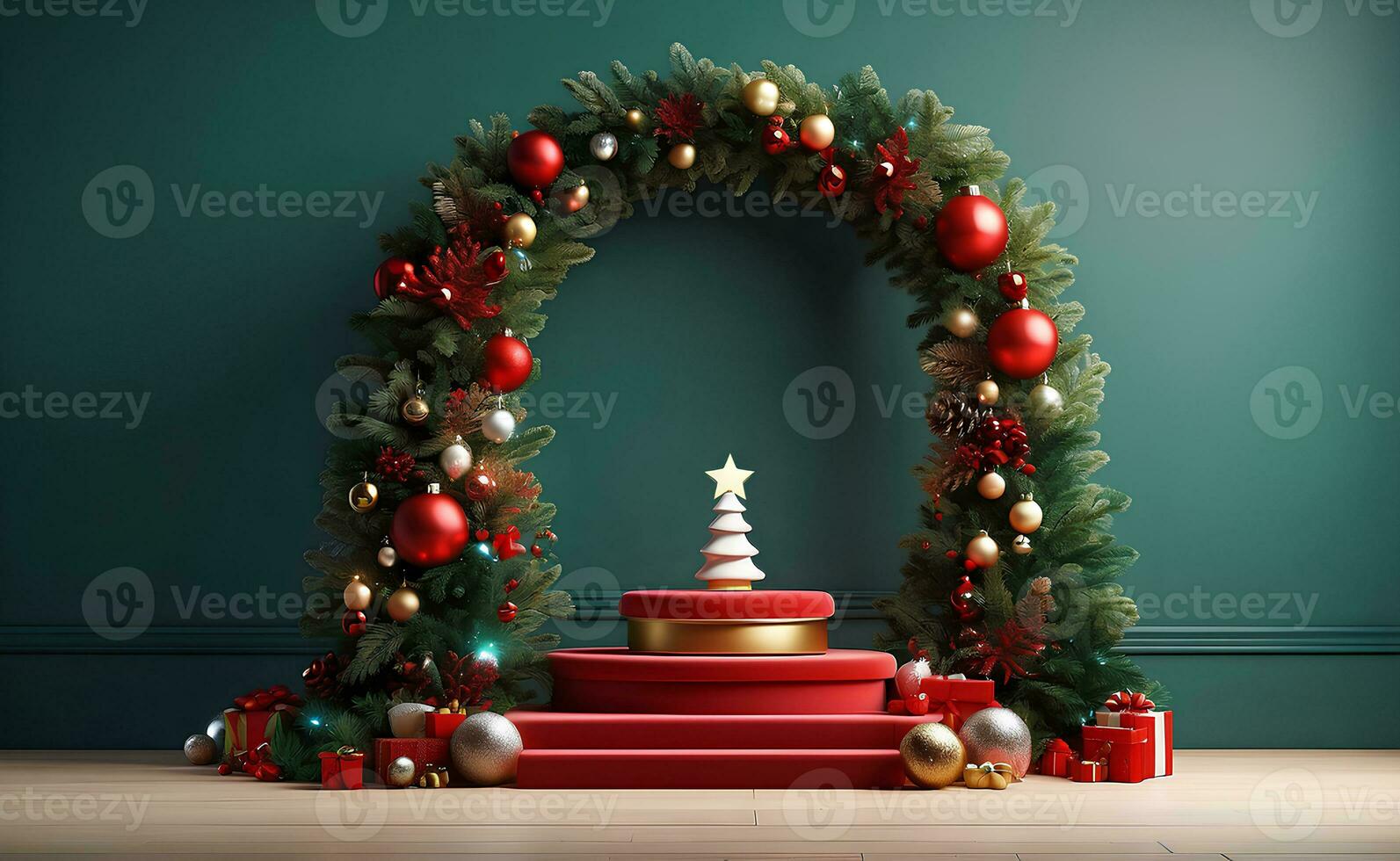 Luxury Merry Christmas product display podium with pine tree and decoration. photo