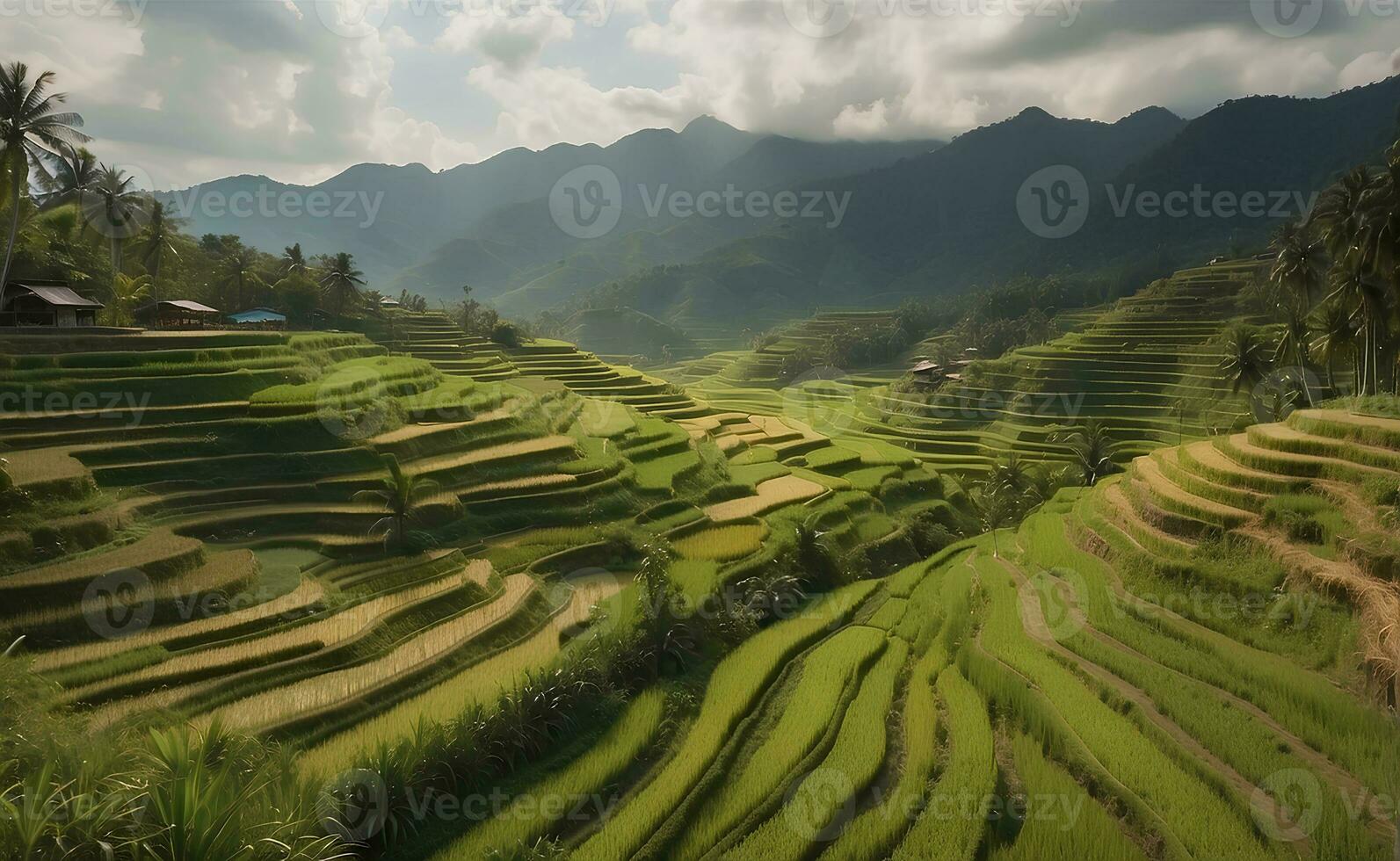 un hermosa verde montaña con gradas arroz campos. foto