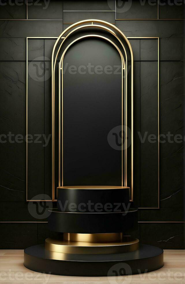 Luxury modern black and gold podium for product display presentation. photo