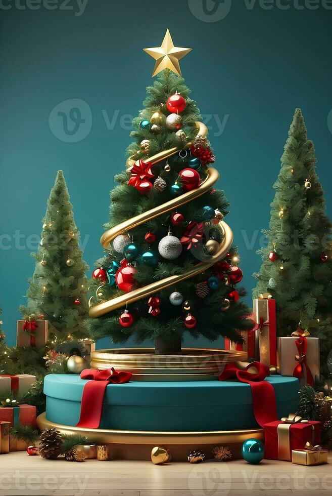 lujo alegre Navidad producto monitor podio con pino árbol y decoración. foto