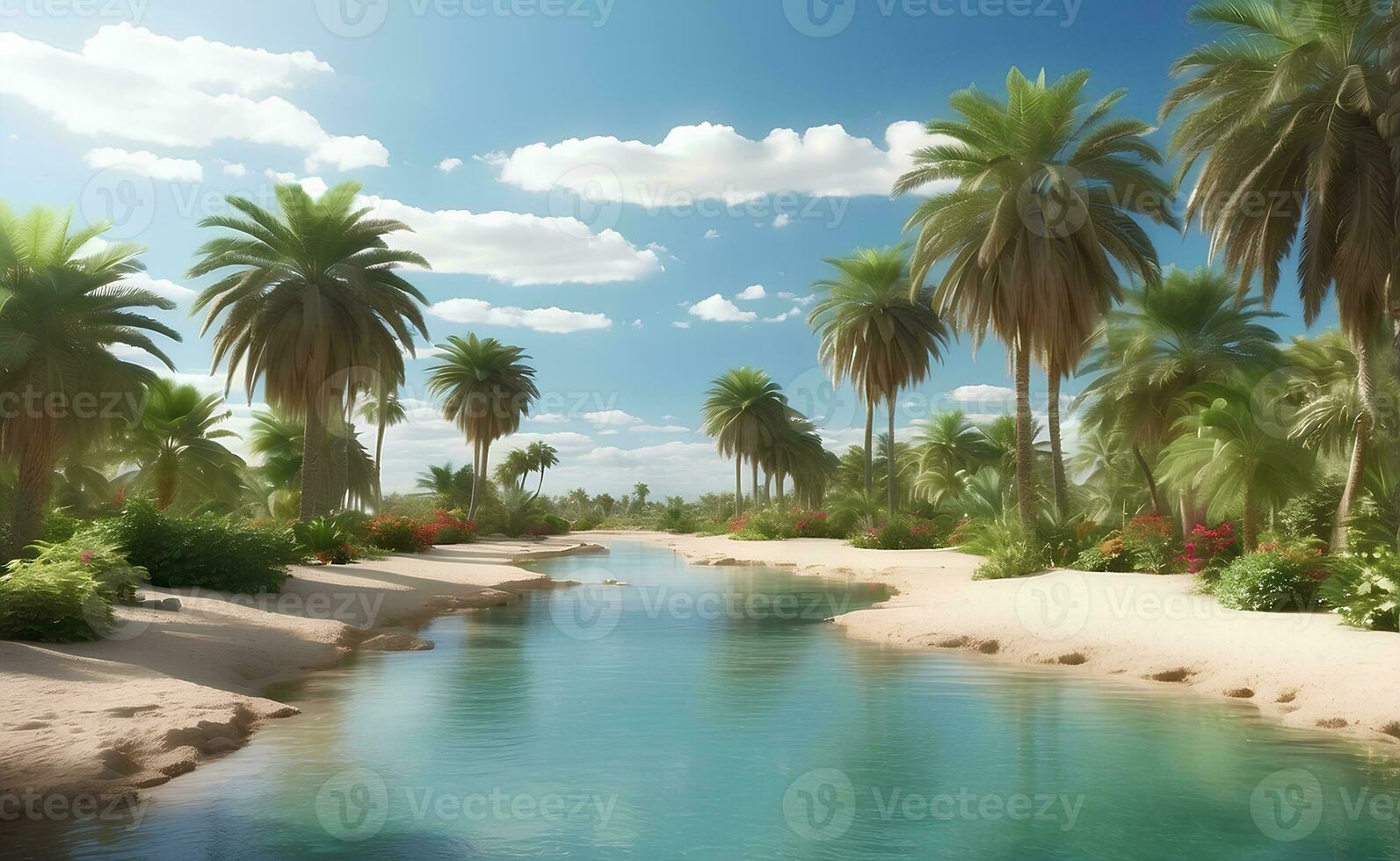 Beautiful oasis with tropical plants in desert. photo