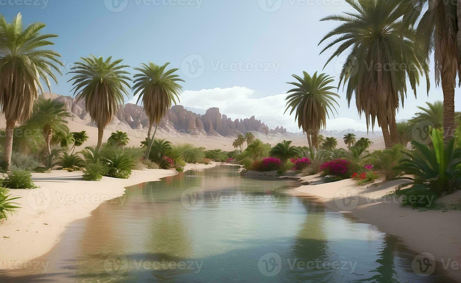 Beautiful oasis with tropical plants in desert. photo