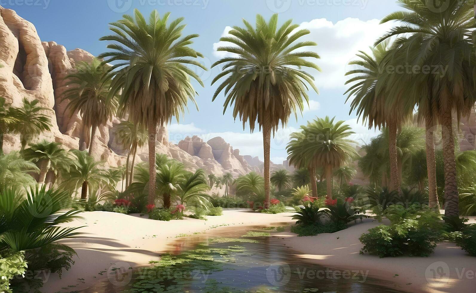 Beautiful oasis with tropical plants in desert. photo