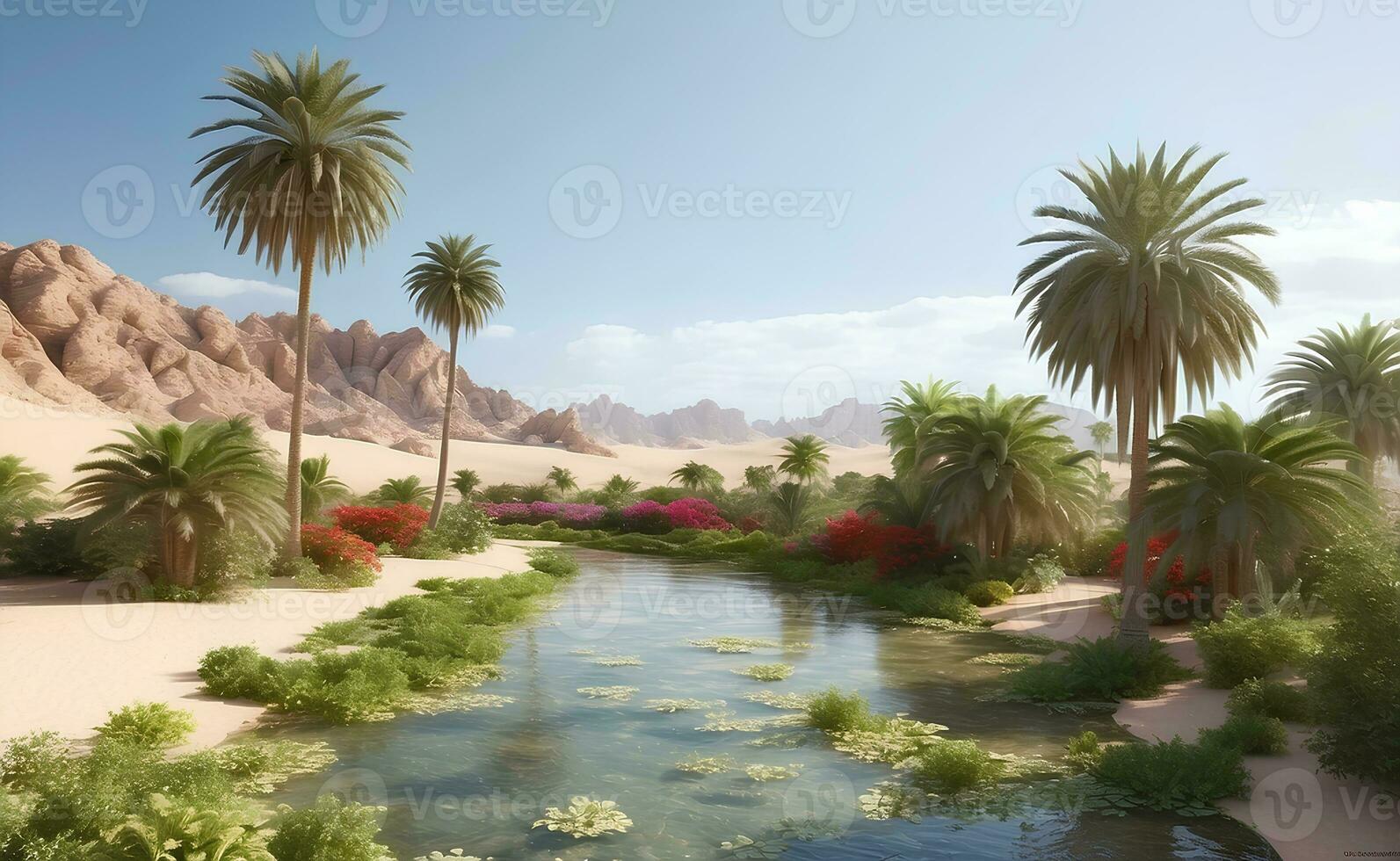 Beautiful oasis with tropical plants in desert. photo