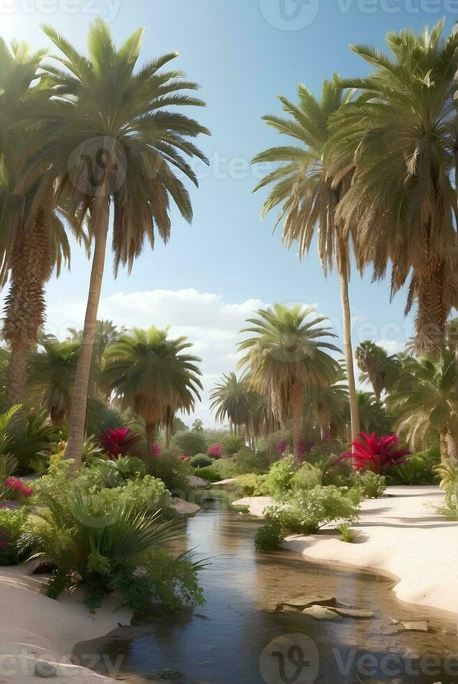 Beautiful oasis with tropical plants in desert. photo