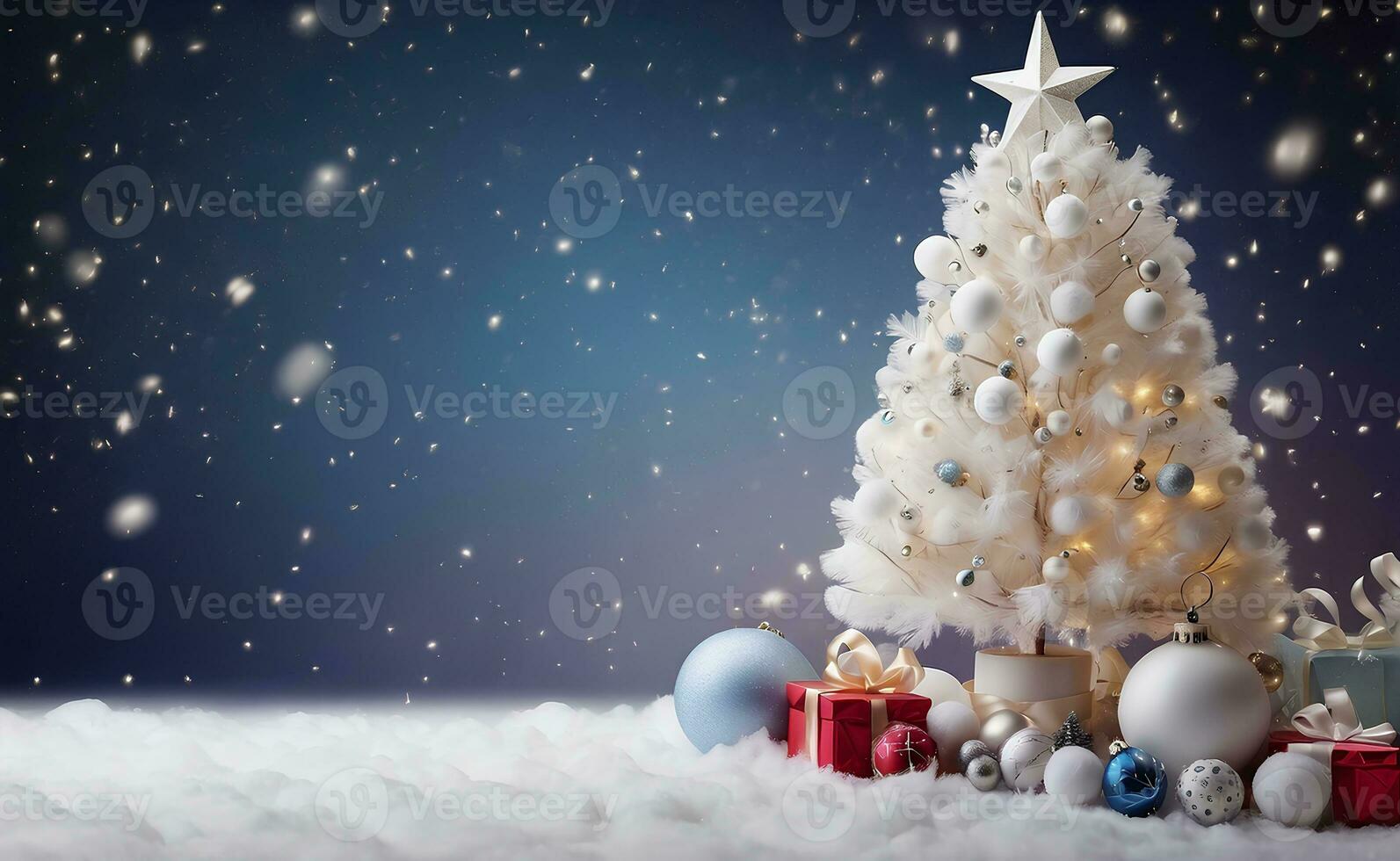 Beautiful Christmas tree with stars balls gifts and white snow. photo