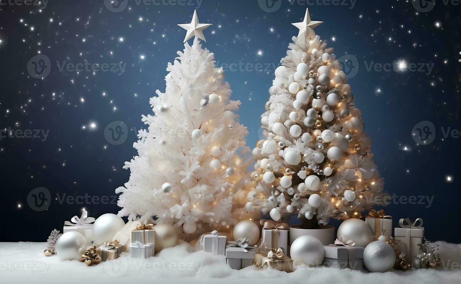 Beautiful Christmas tree with stars balls gifts and white snow. photo