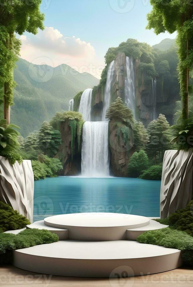 Modern podium for product presentation with mountain and waterfall background. photo