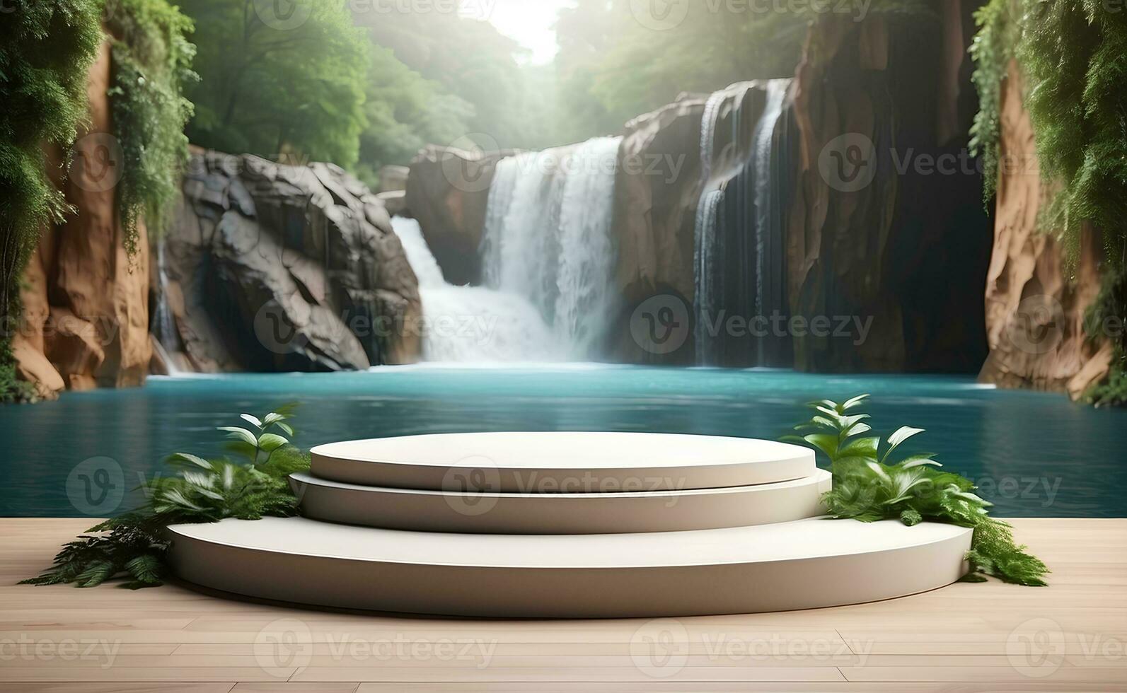 Modern podium for product presentation with mountain and waterfall background. photo