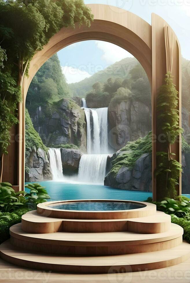 Modern podium for product presentation with mountain and waterfall background. photo