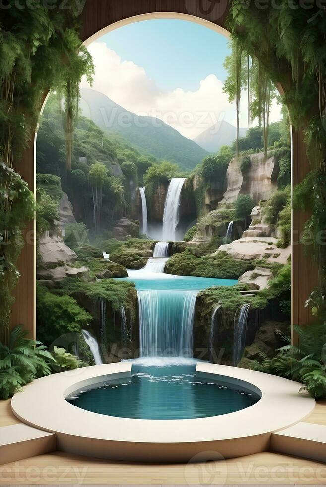 Modern podium for product presentation with mountain and waterfall background. photo