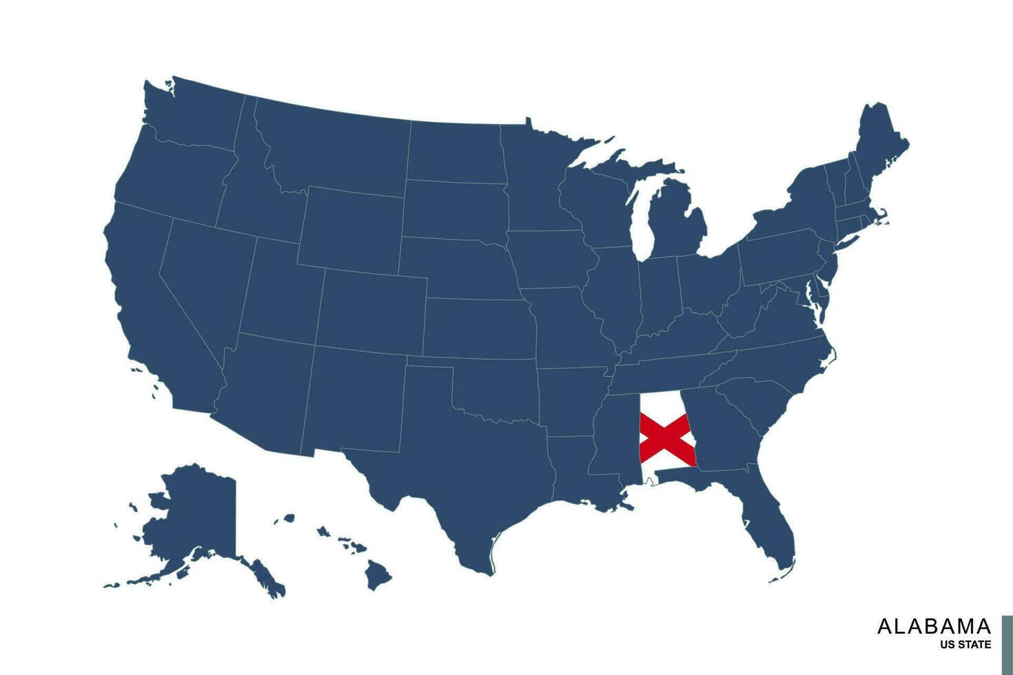 State of Alabama on blue map of United States of America. Flag and map of Alabama. vector