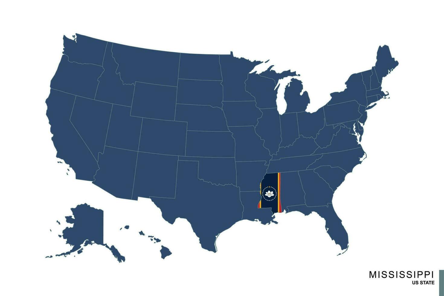 estado de Misisipí en azul mapa de unido estados de America. bandera y mapa de Misisipí. vector