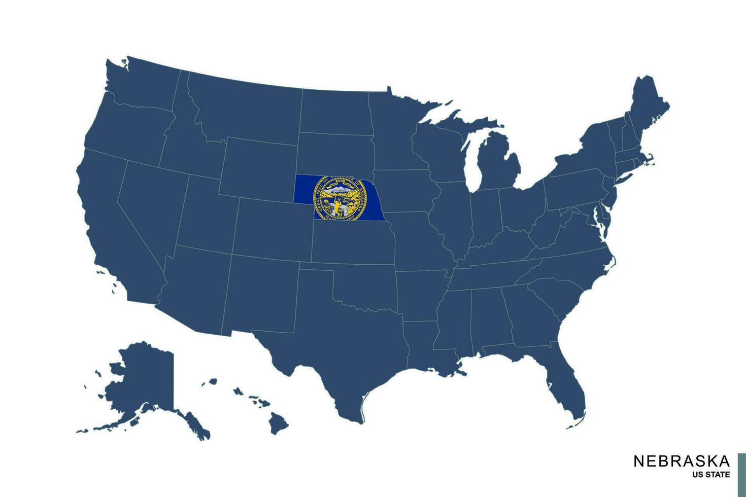estado de Nebraska en azul mapa de unido estados de America. bandera y mapa de Nebraska. vector