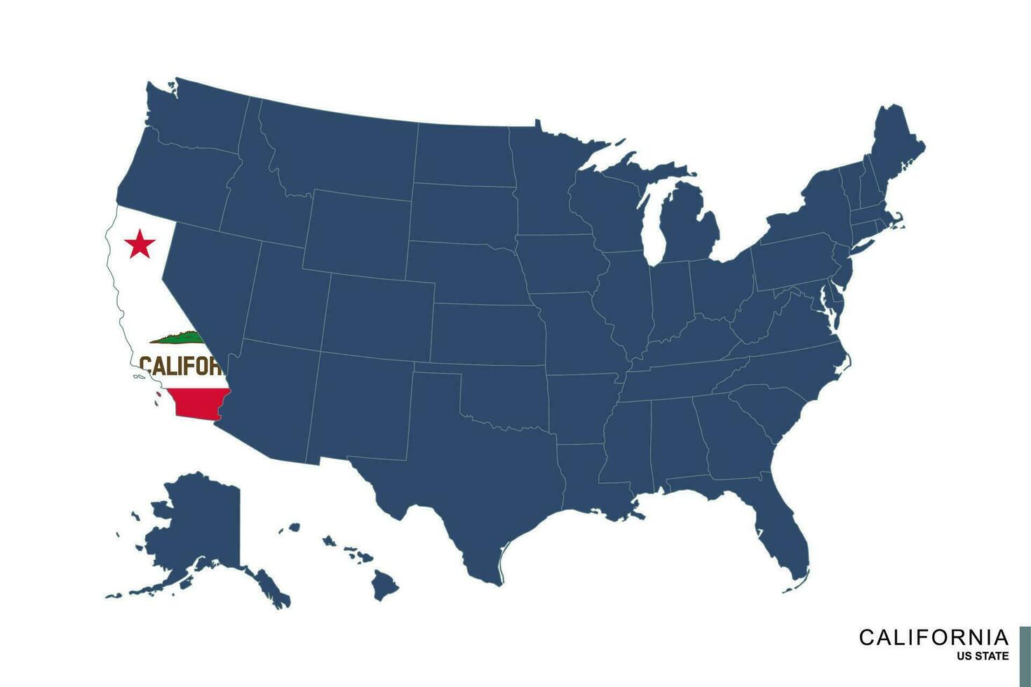 State of California on blue map of United States of America. Flag and map of California. vector