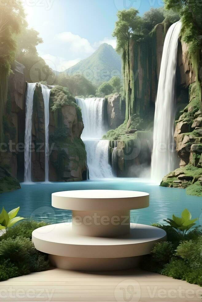 Modern podium for product presentation with mountain and waterfall background. photo