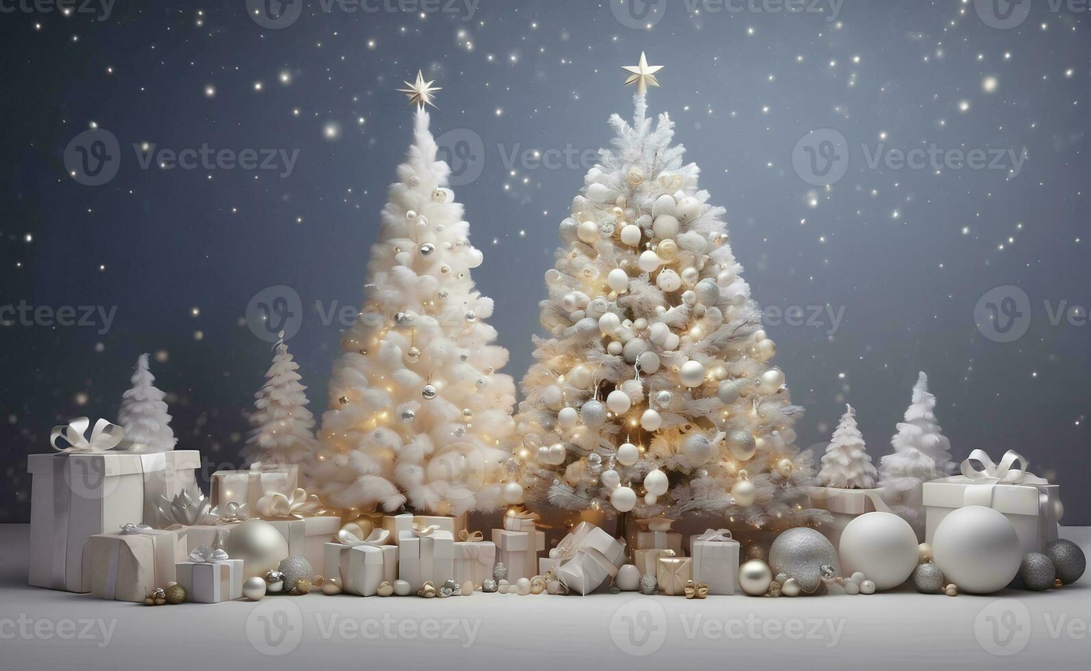 Beautiful Christmas tree with stars balls gifts and white snow. photo