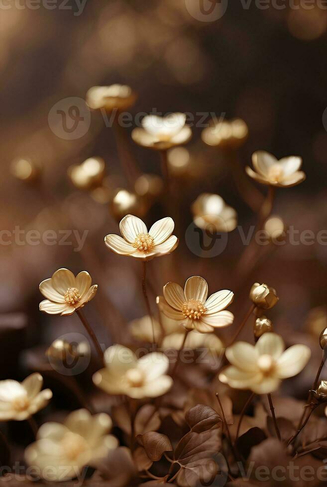 un cremoso oro flores con borroso marrón antecedentes. foto