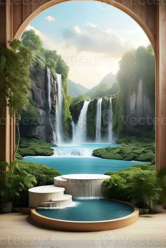 Modern podium for product presentation with mountain and waterfall background. photo