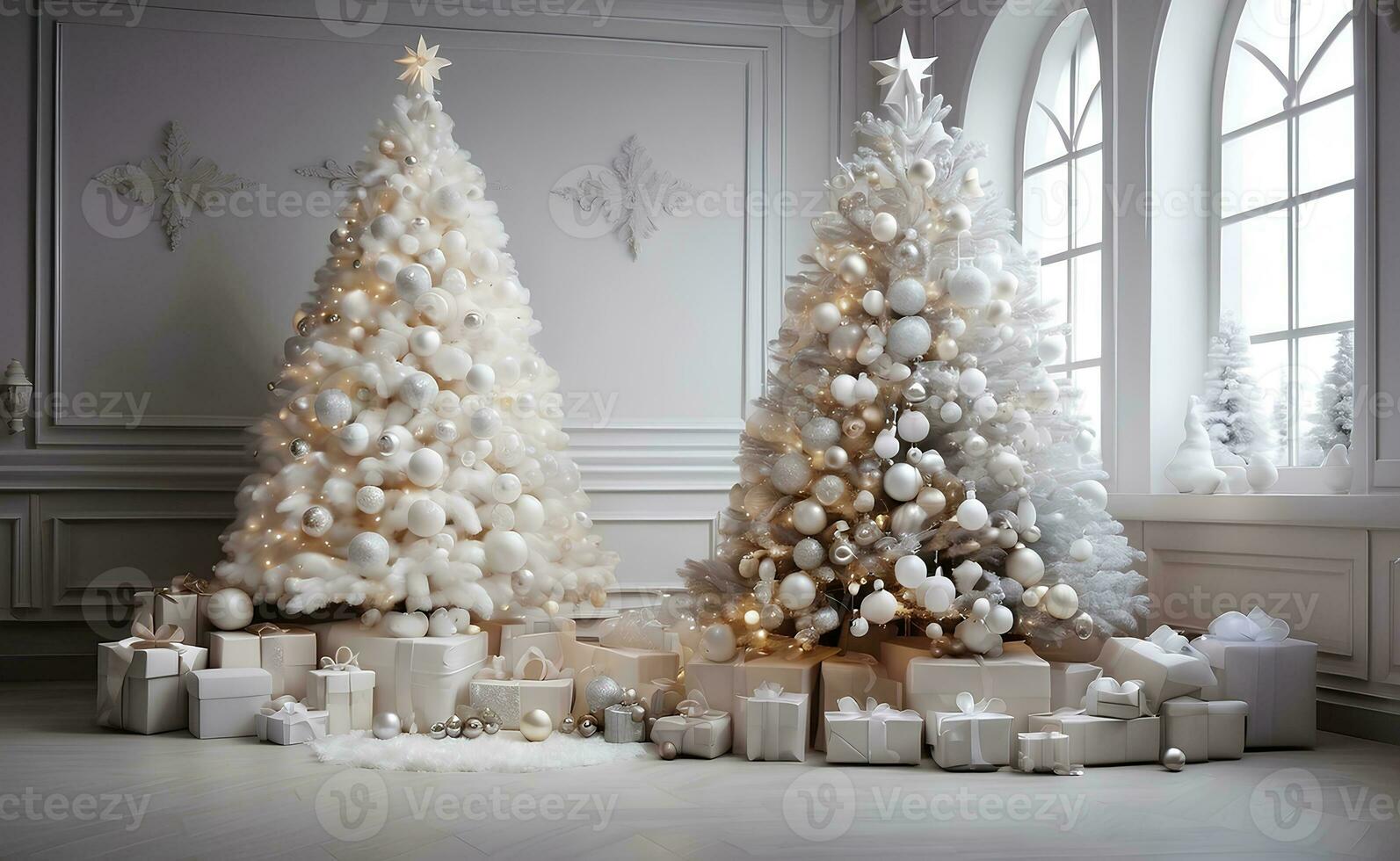 hermosa Navidad árbol con estrellas pelotas regalos y blanco nieve. foto