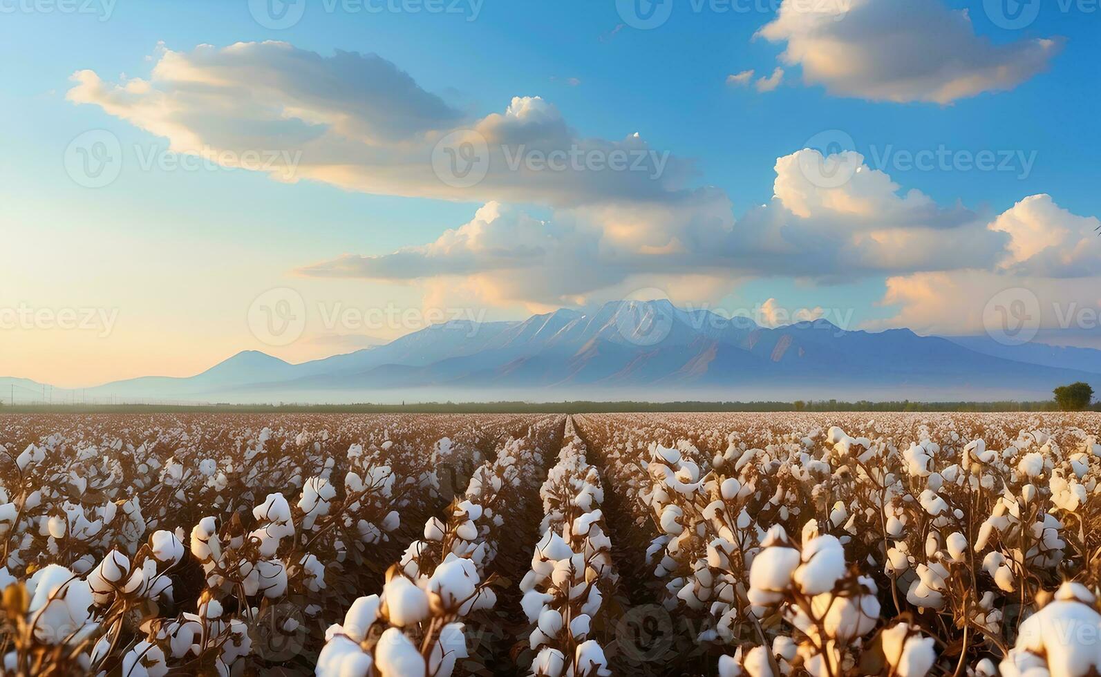 A beautiful cotton field with fluffy white balls. photo