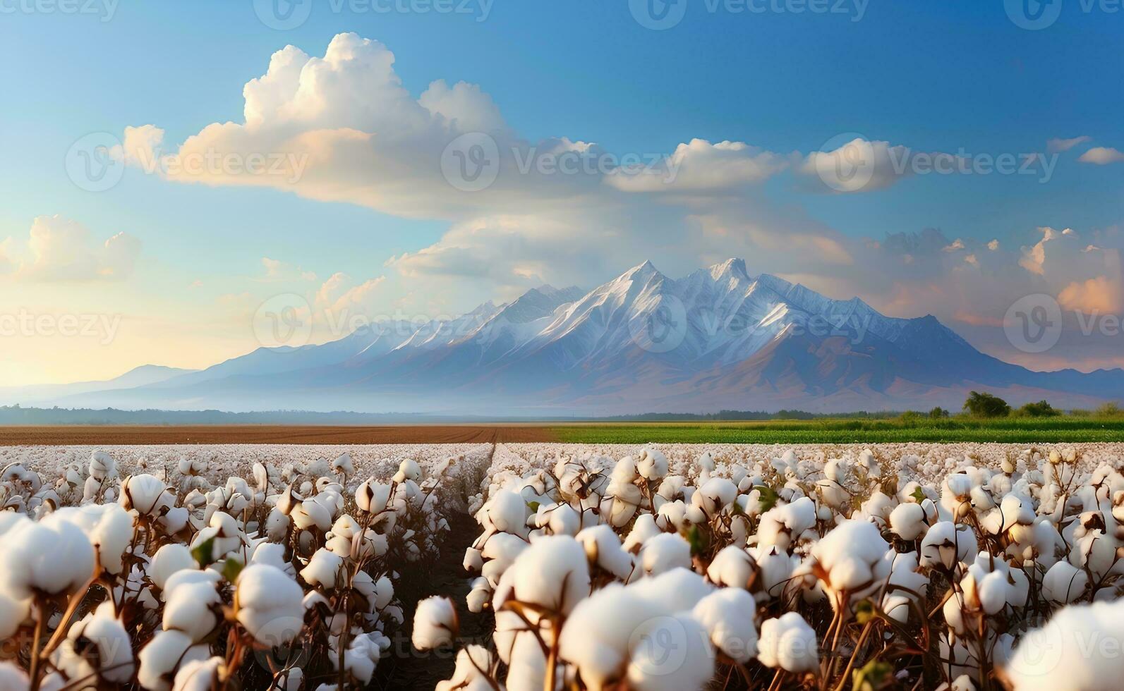 A beautiful cotton field with fluffy white balls. photo