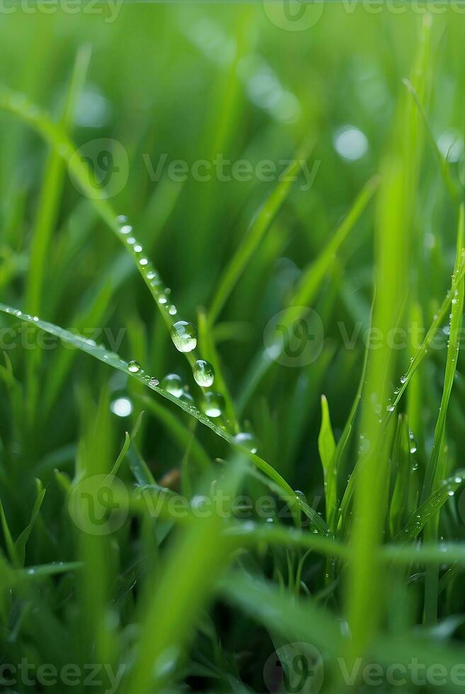 A natural green grass with water drops background. photo