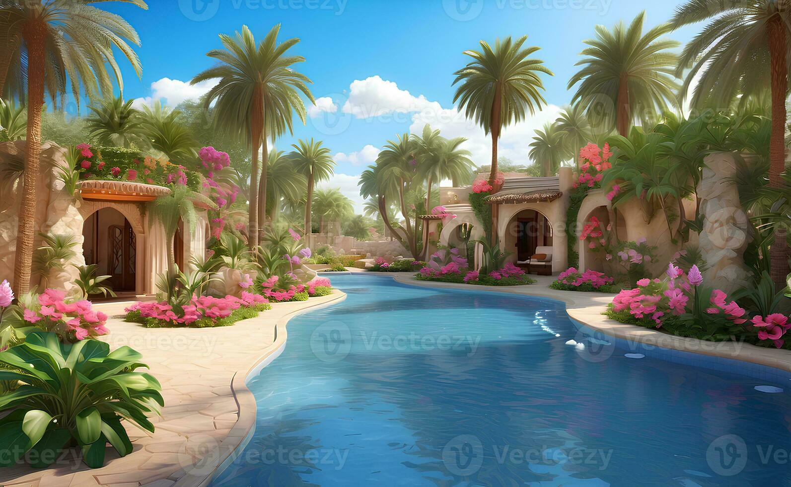 A beautiful resort with a pool and tropical plants in dessert. photo