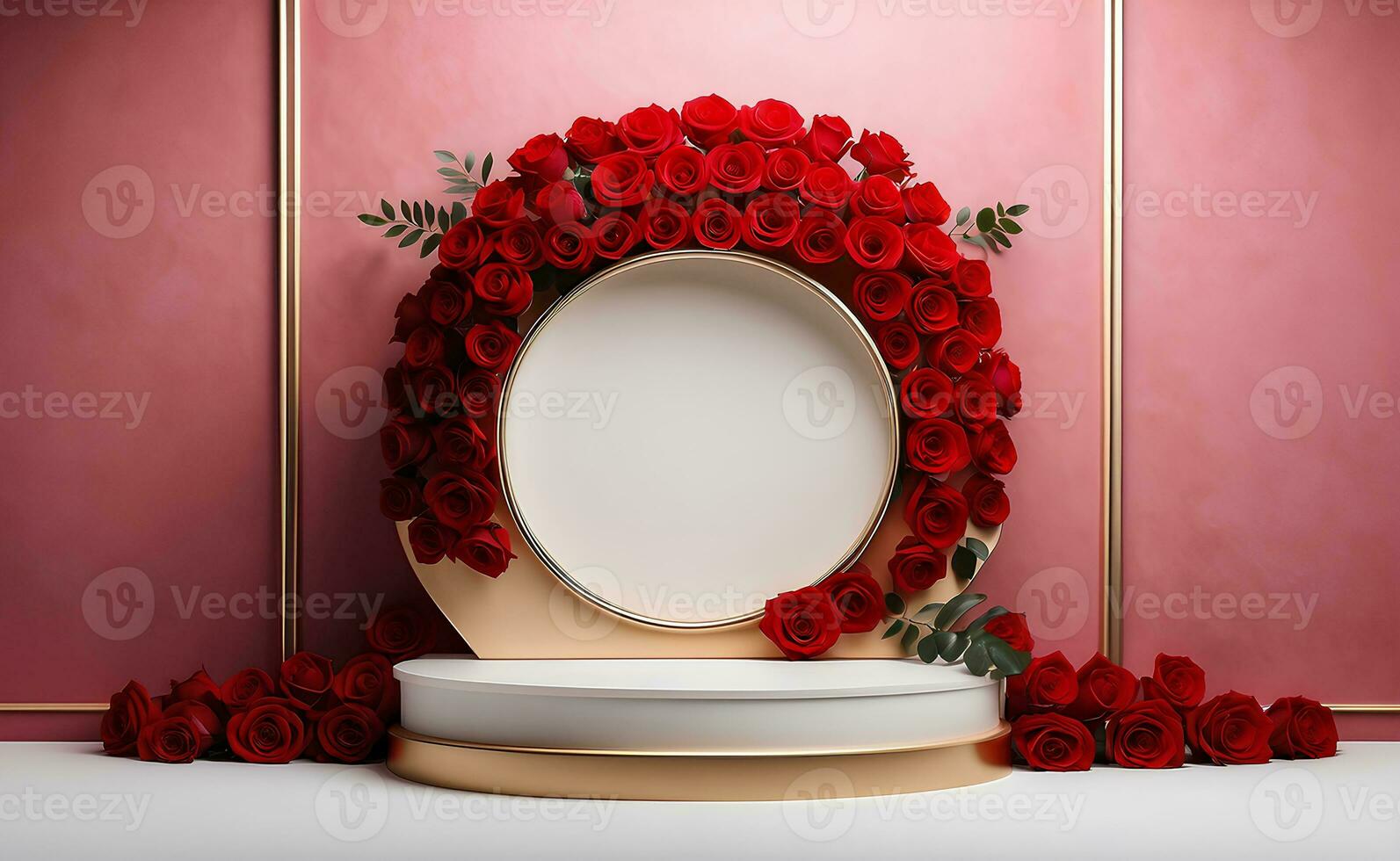 A modern podium with red rose background. photo