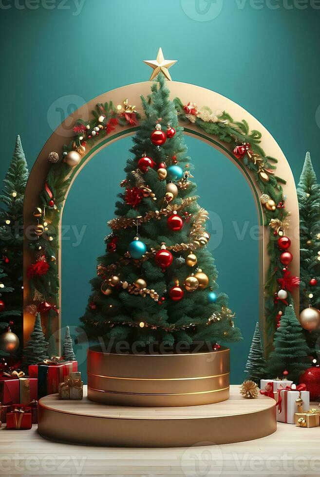 Luxury Merry Christmas product display podium with pine tree and decoration. photo