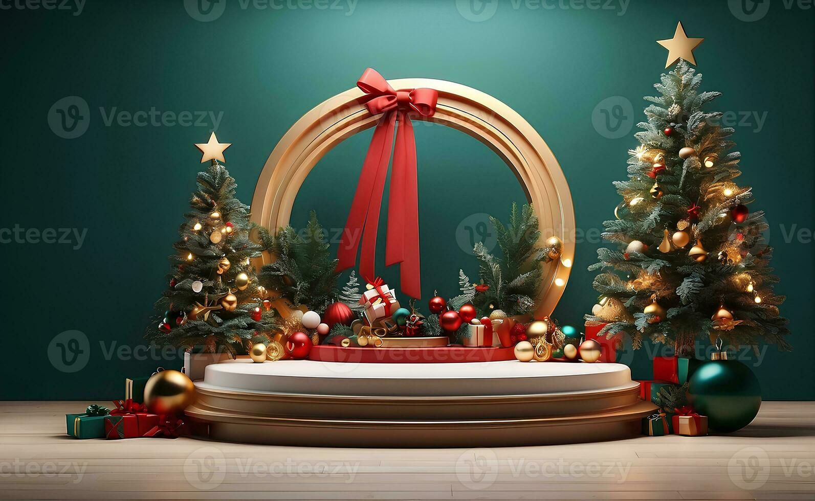 Luxury Merry Christmas product display podium with pine tree and decoration. photo