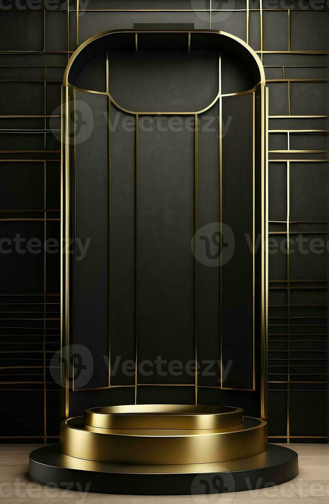 lujo moderno negro y oro podio para producto monitor presentación. foto