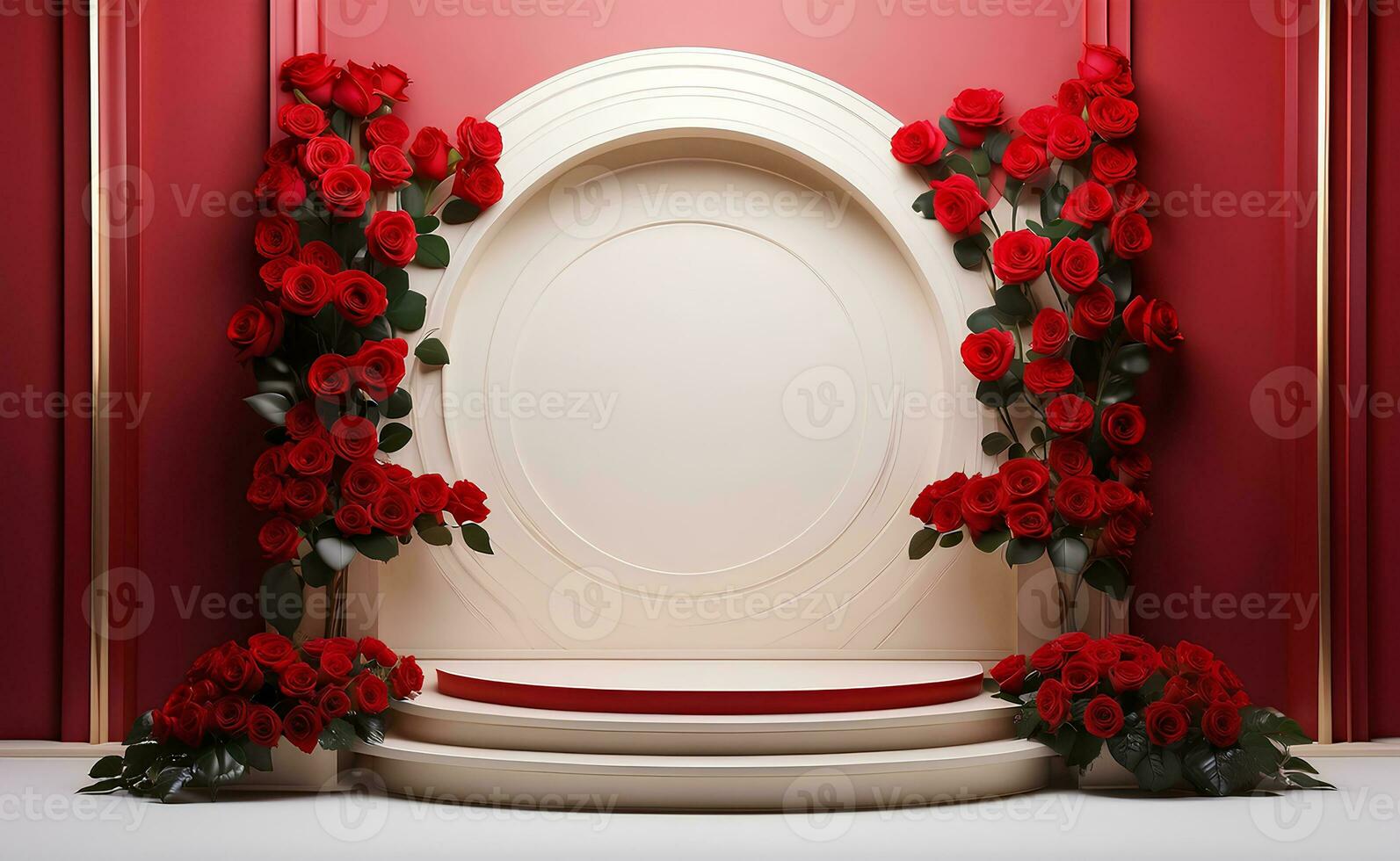 A modern podium with red rose background. photo
