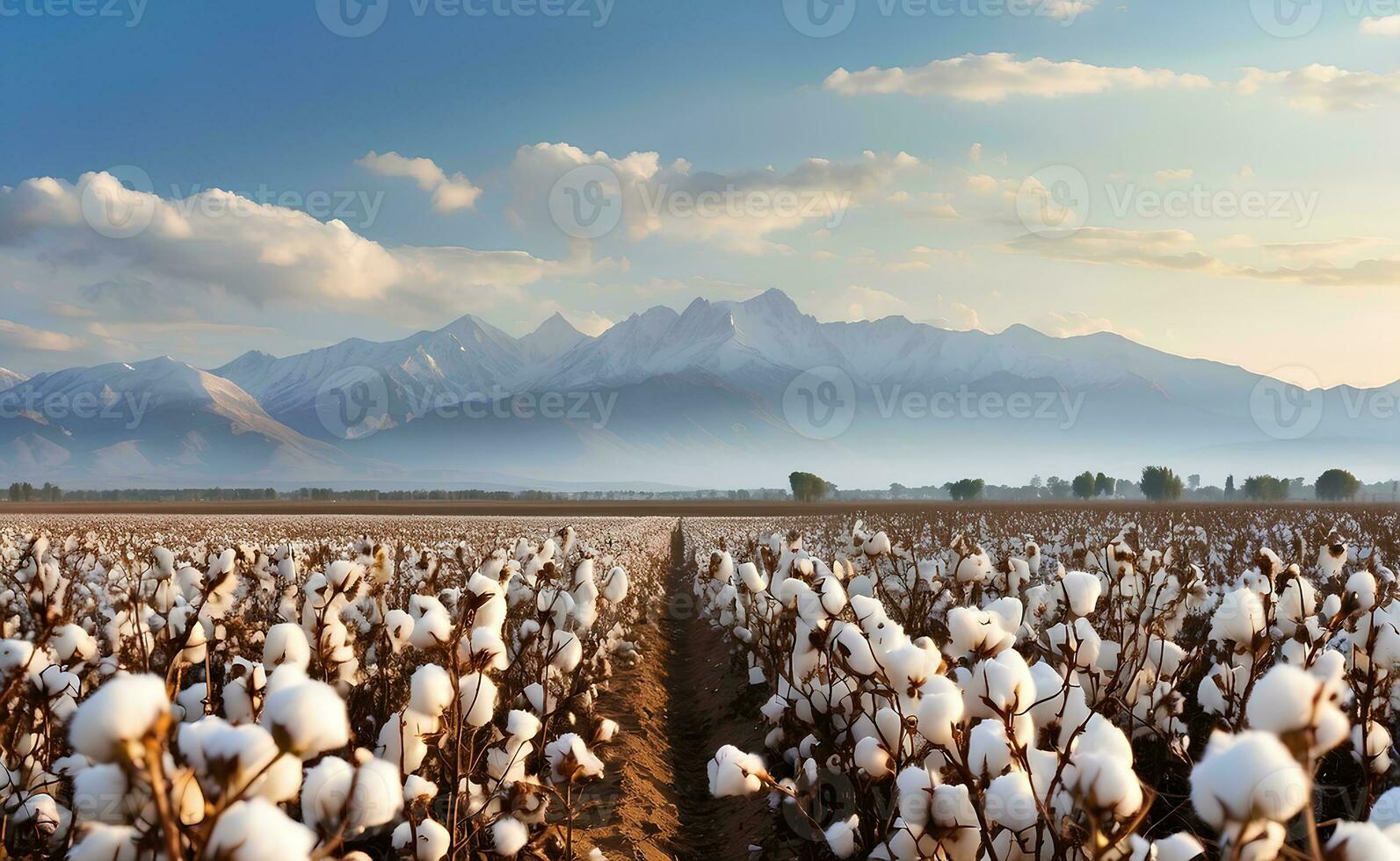A beautiful cotton field with fluffy white balls. photo