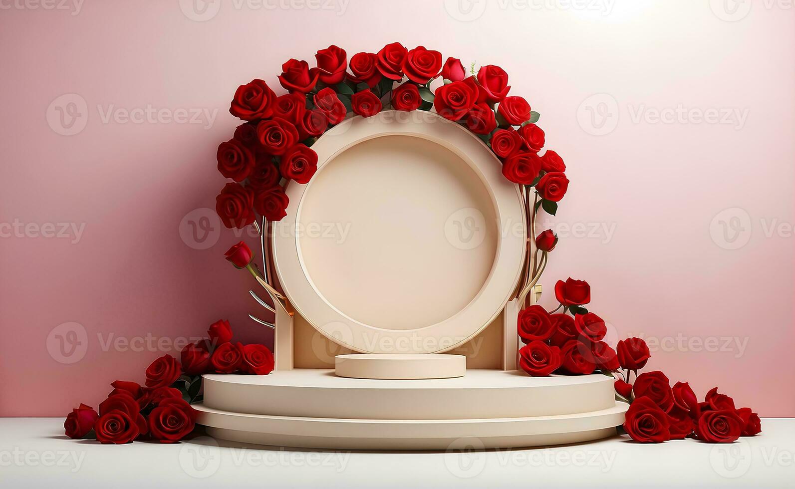 A modern podium with red rose background. photo