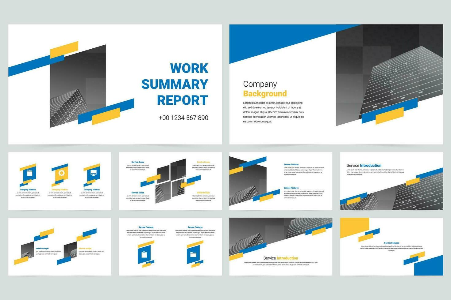 Blue and yellow modern business work report slide presentation template vector