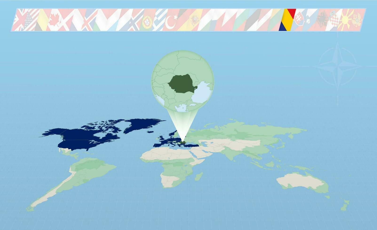 Romania member of North Atlantic Alliance selected on perspective World Map. Flags of 30 members of alliance. vector