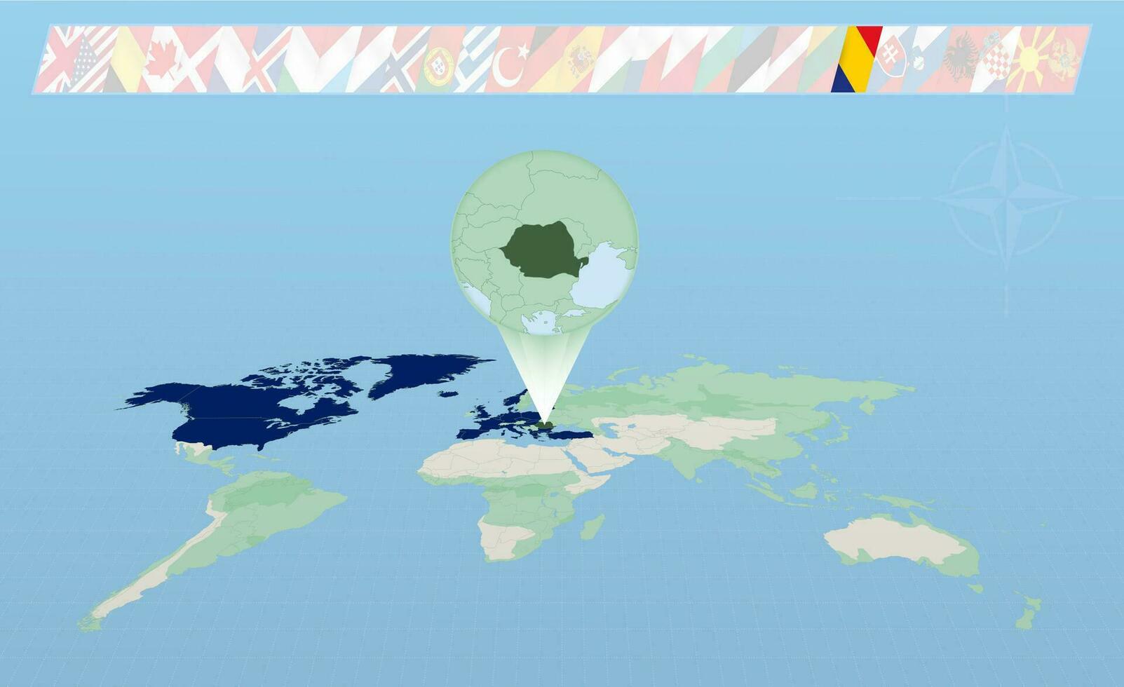 Rumania miembro de norte atlántico Alianza seleccionado en perspectiva mundo mapa. banderas de 30 miembros de Alianza. vector