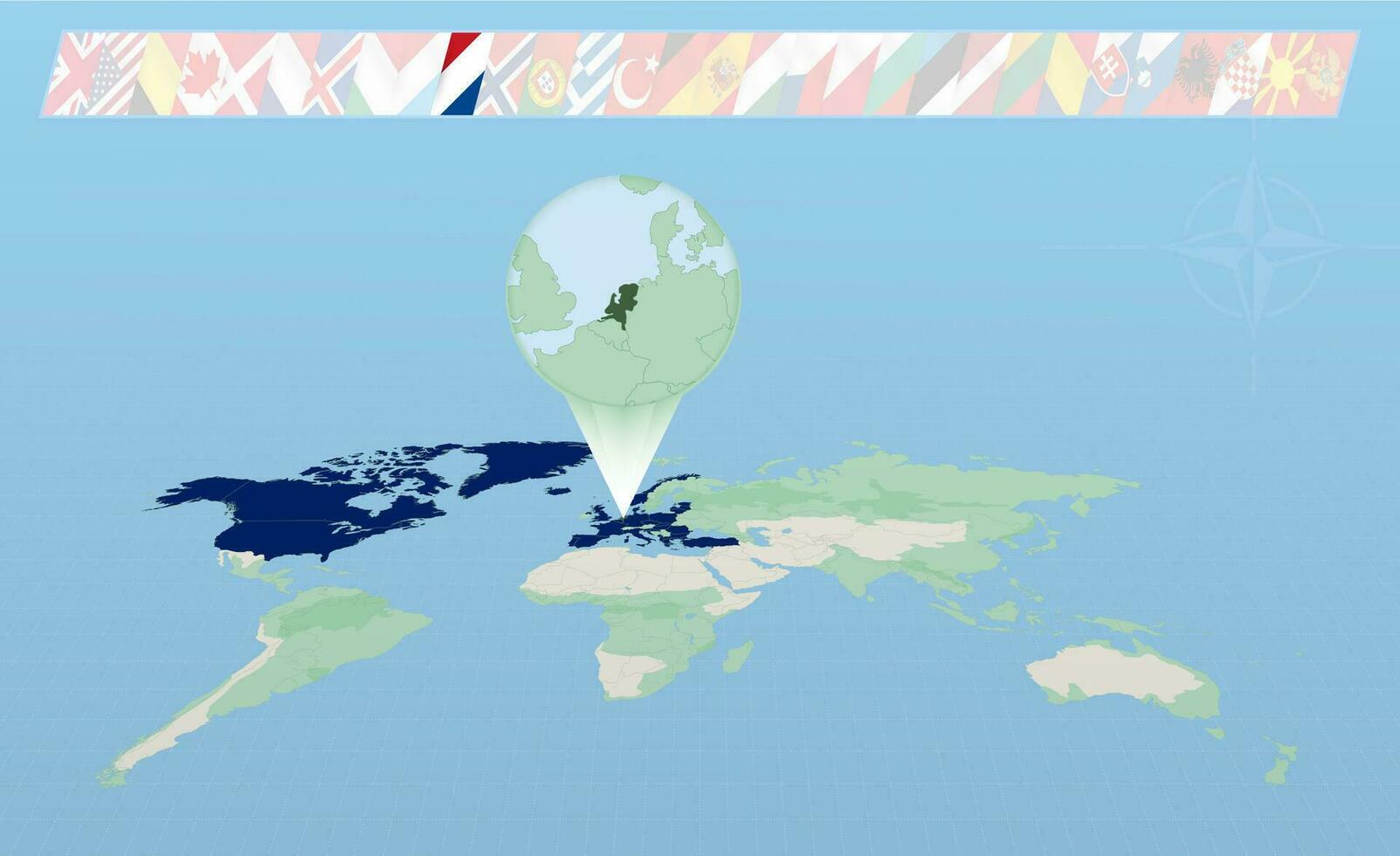 Países Bajos miembro de norte atlántico Alianza seleccionado en perspectiva mundo mapa. banderas de 30 miembros de Alianza. vector