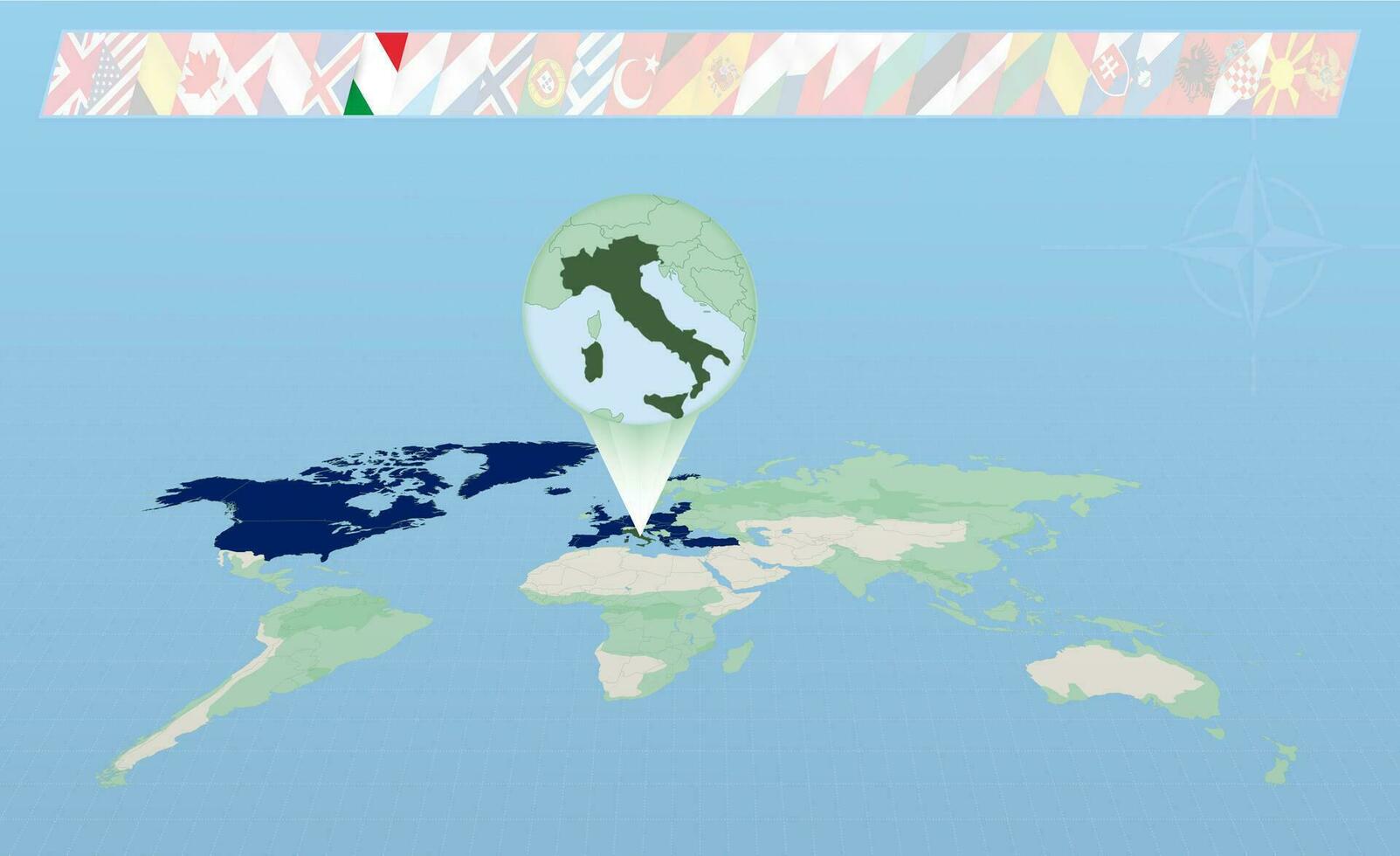 Italia miembro de norte atlántico Alianza seleccionado en perspectiva mundo mapa. banderas de 30 miembros de Alianza. vector