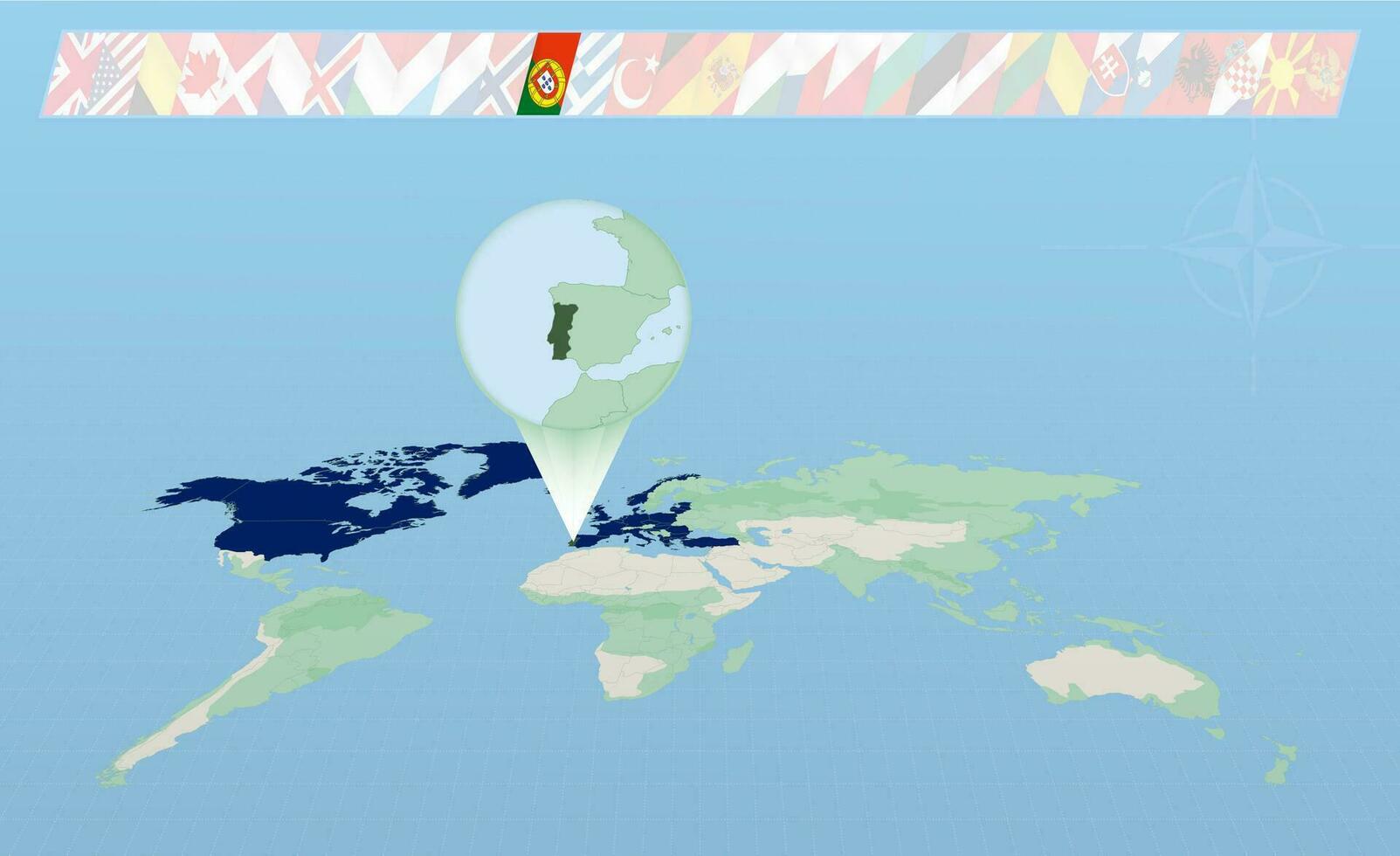 Portugal member of North Atlantic Alliance selected on perspective World Map. Flags of 30 members of alliance. vector
