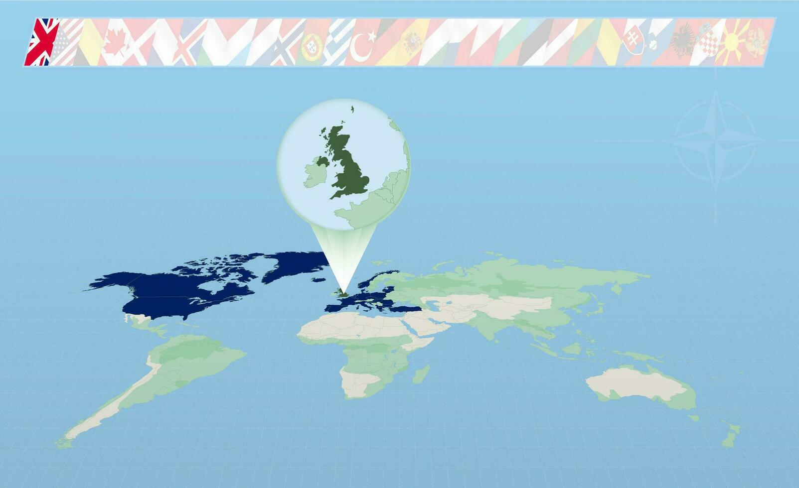 unido Reino miembro de norte atlántico Alianza seleccionado en perspectiva mundo mapa. banderas de 30 miembros de Alianza. vector