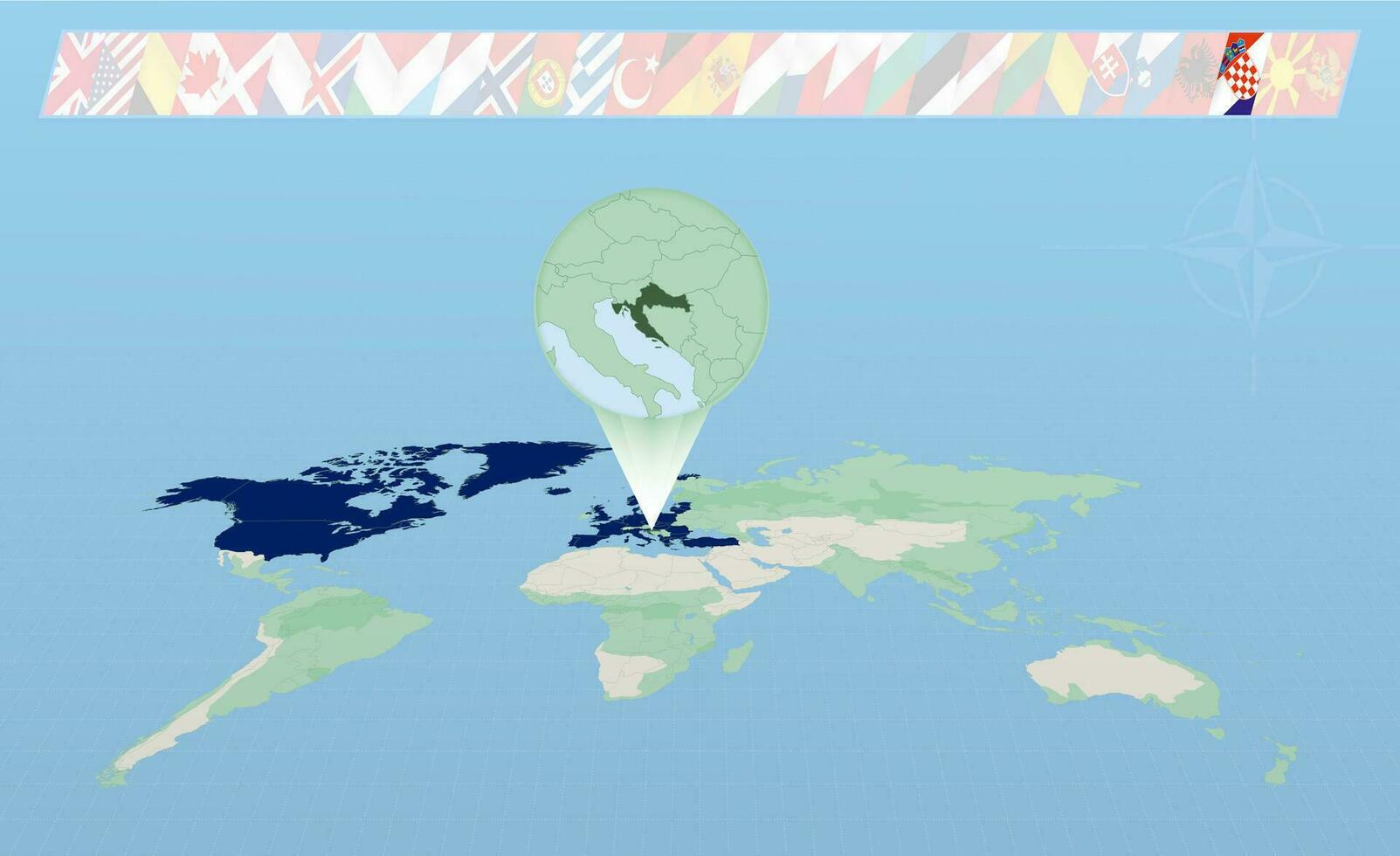 Croacia miembro de norte atlántico Alianza seleccionado en perspectiva mundo mapa. banderas de 30 miembros de Alianza. vector