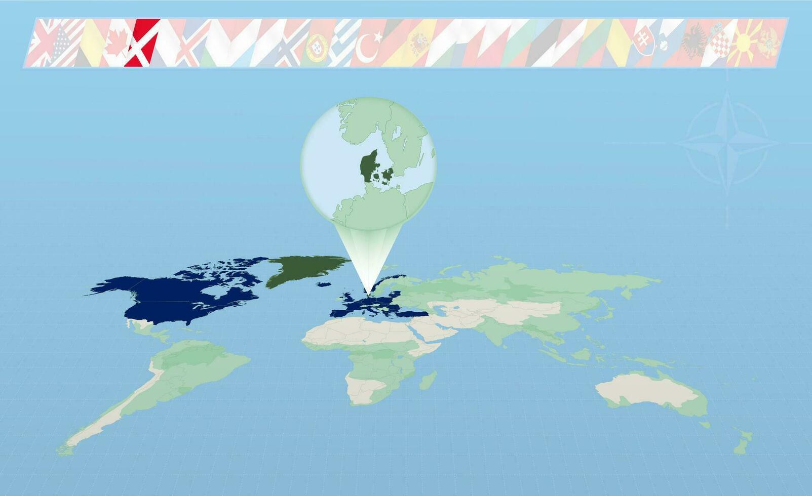 Dinamarca miembro de norte atlántico Alianza seleccionado en perspectiva mundo mapa. banderas de 30 miembros de Alianza. vector