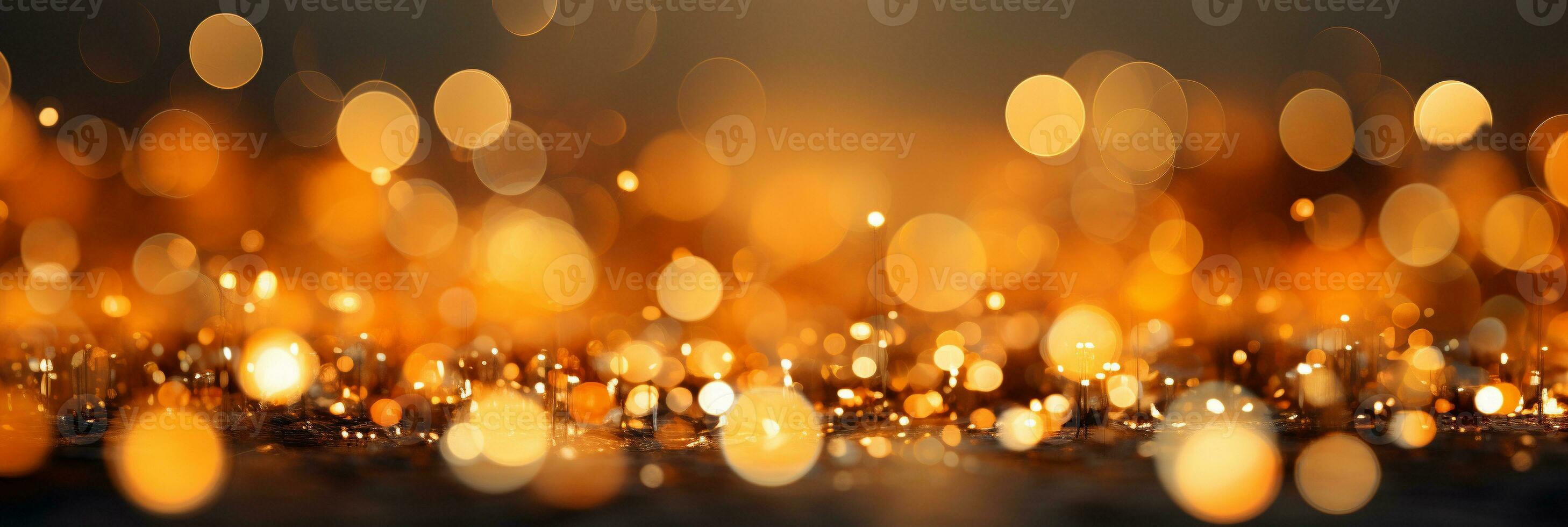 AI generated Panoramic background with colorful bokeh effect. Golden abstract lights on dark Holiday illumination and decoration concept photo