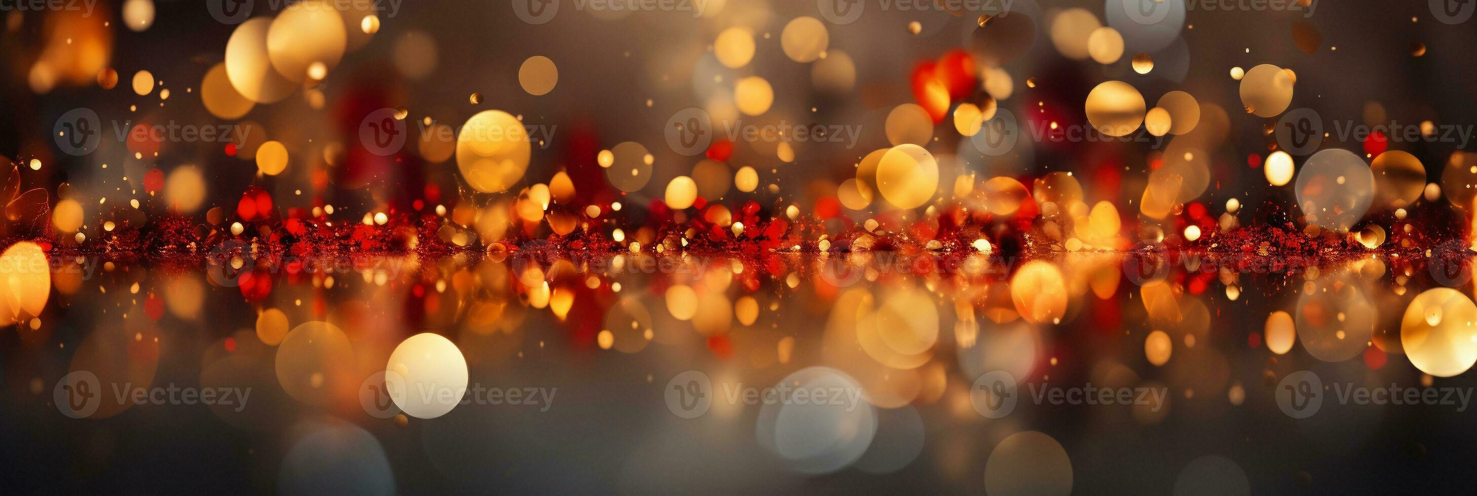 AI generated Panoramic background with colorful bokeh effect. Golden abstract lights on dark Holiday illumination and decoration concept photo