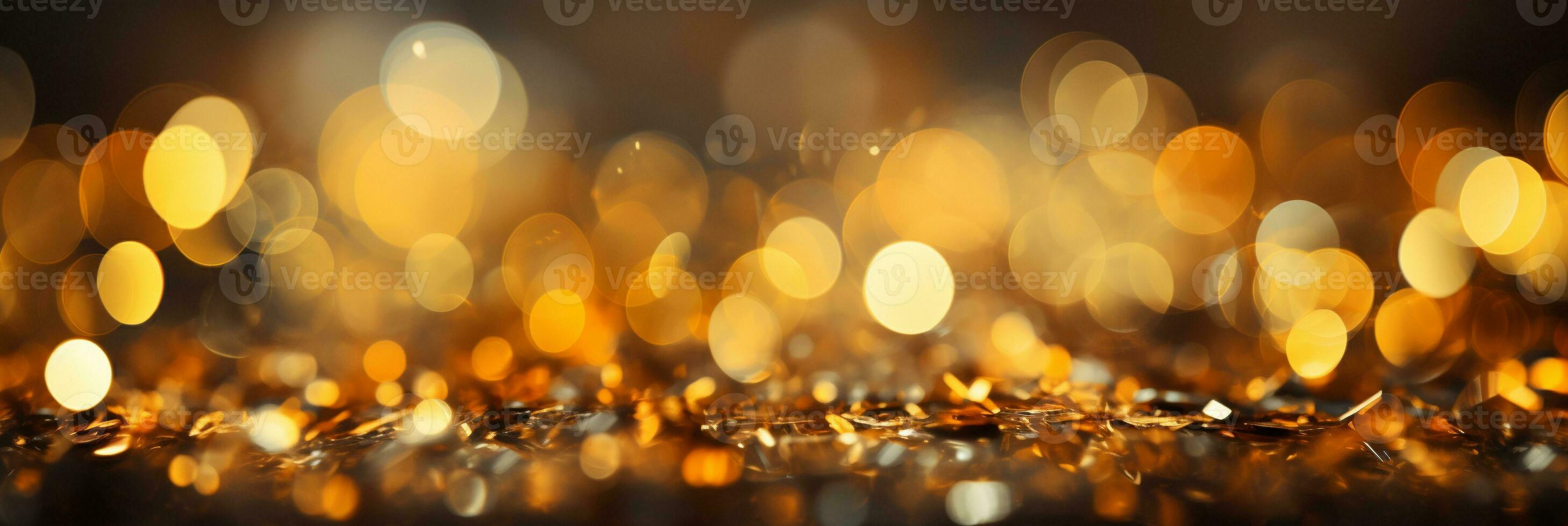 AI generated Panoramic background with colorful bokeh effect. Golden abstract lights on dark Holiday illumination and decoration concept photo