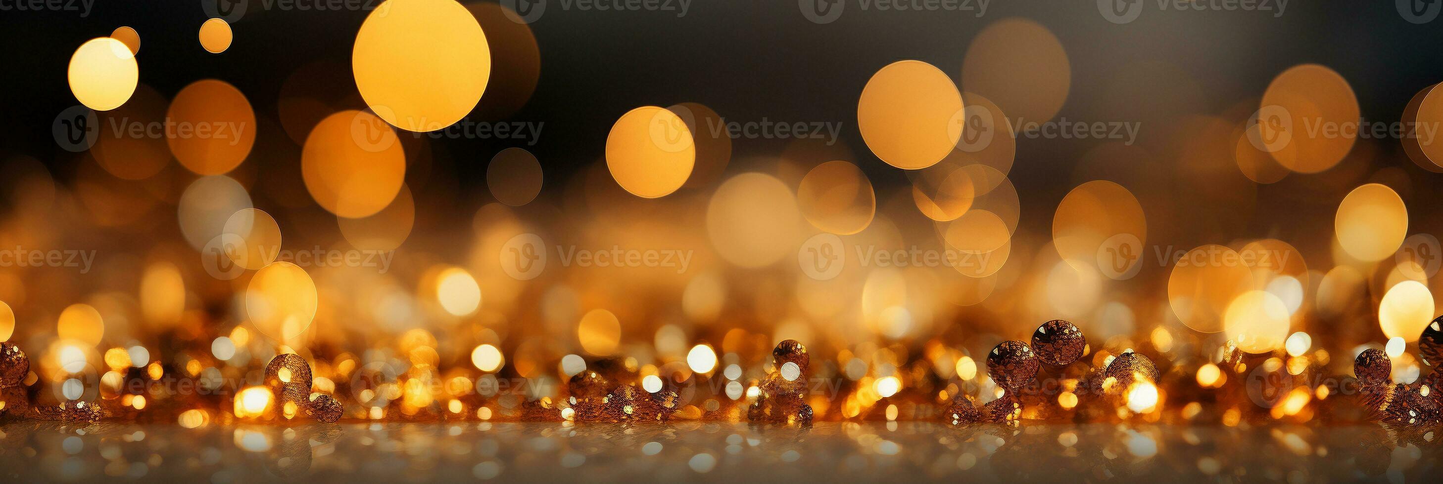 ai generado panorámico antecedentes con vistoso bokeh efecto. dorado resumen luces en oscuro fiesta iluminación y decoración concepto foto