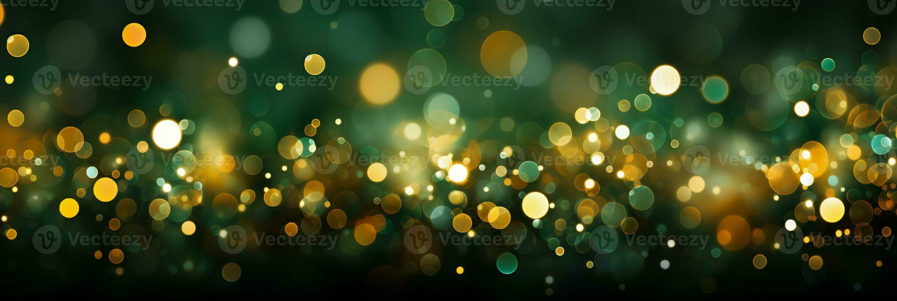 AI generated Panoramic background with colorful bokeh effect. Golden abstract lights on dark Holiday illumination and decoration concept photo