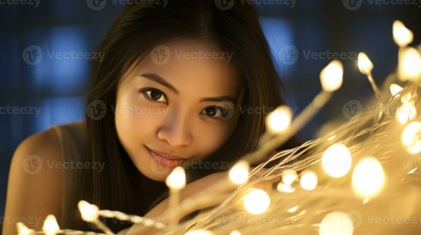 AI generated Glowing Elegance Model Basks in the Enchanting Radiance of Sparkling String Lights against a Pristine White Backdrop photo